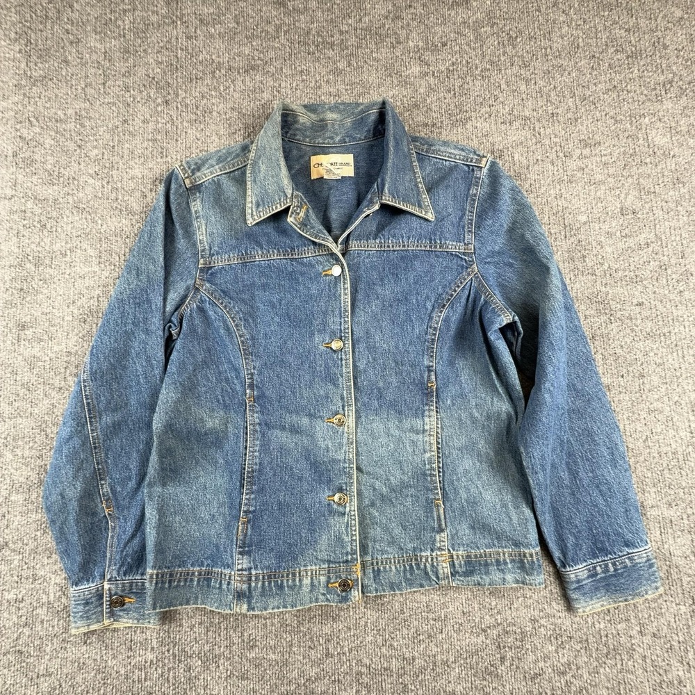 Cherokee Jacket Womens M-10 Blue Denim Jean Button Front Collared Unlined Casual